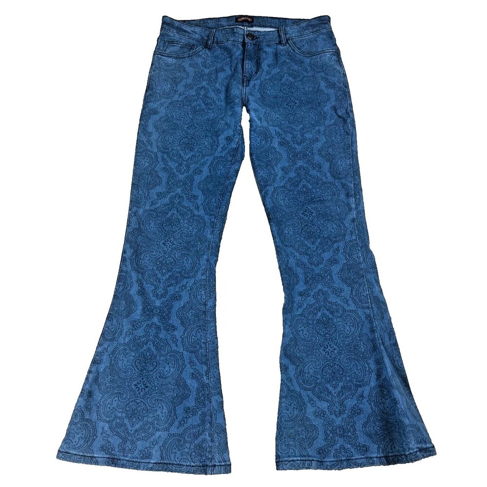 Run & Fly Women's Jeans 14 (34x32) Blue Paisley Print Bell Bottoms Hippie Look